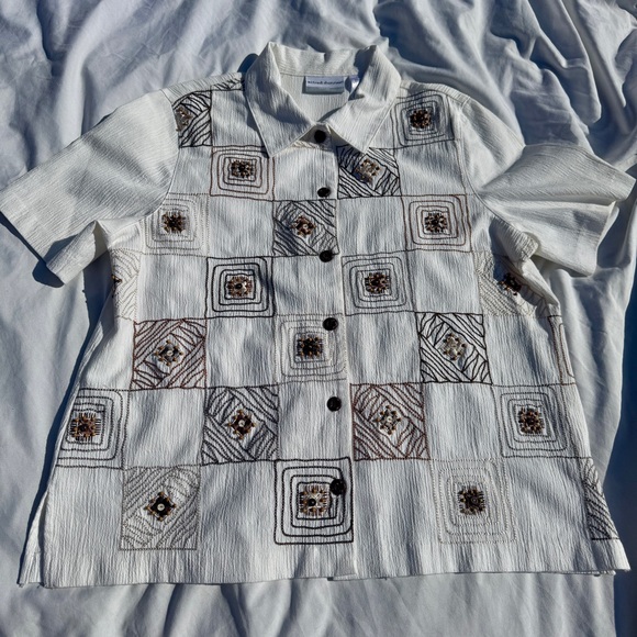Alfred Dunner Cream and Brown Geometric Shirt - Picture 1 of 7